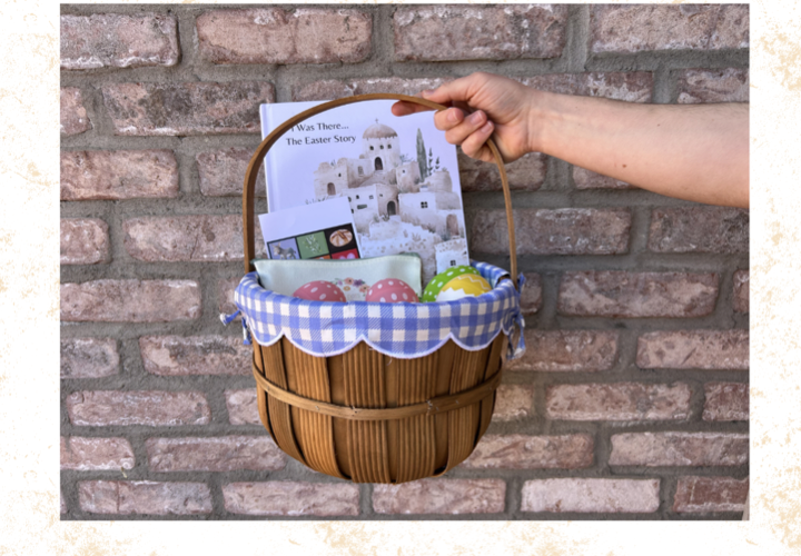 Book and Bead Bundle product featuring a faith-themed children's book in a basket with Easter items and watercolor wildflowers